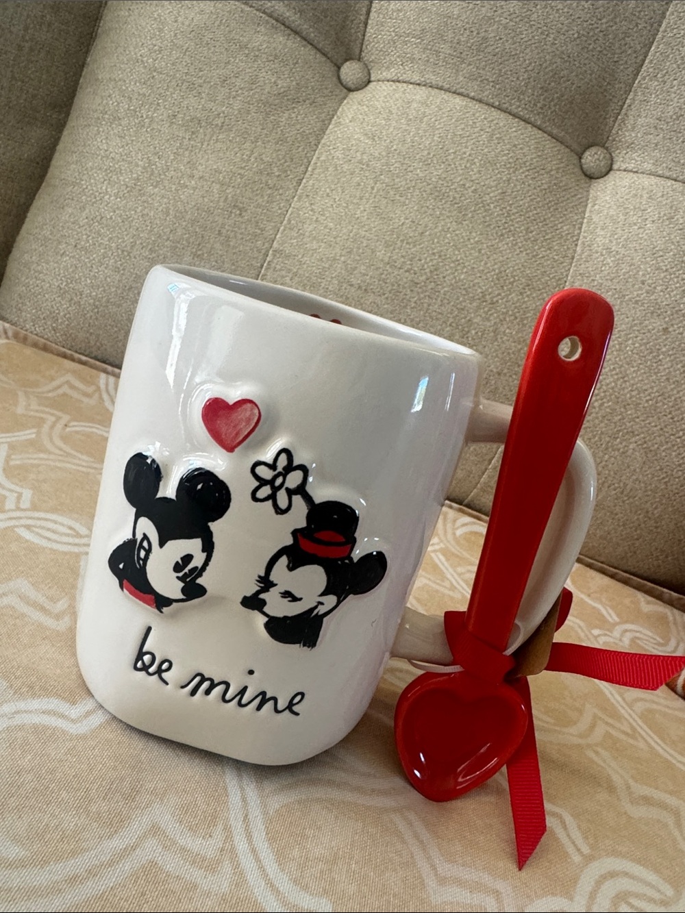 Rae Dunn White Mug with Red Spoon - 'be mine' Cartoon Couple Design